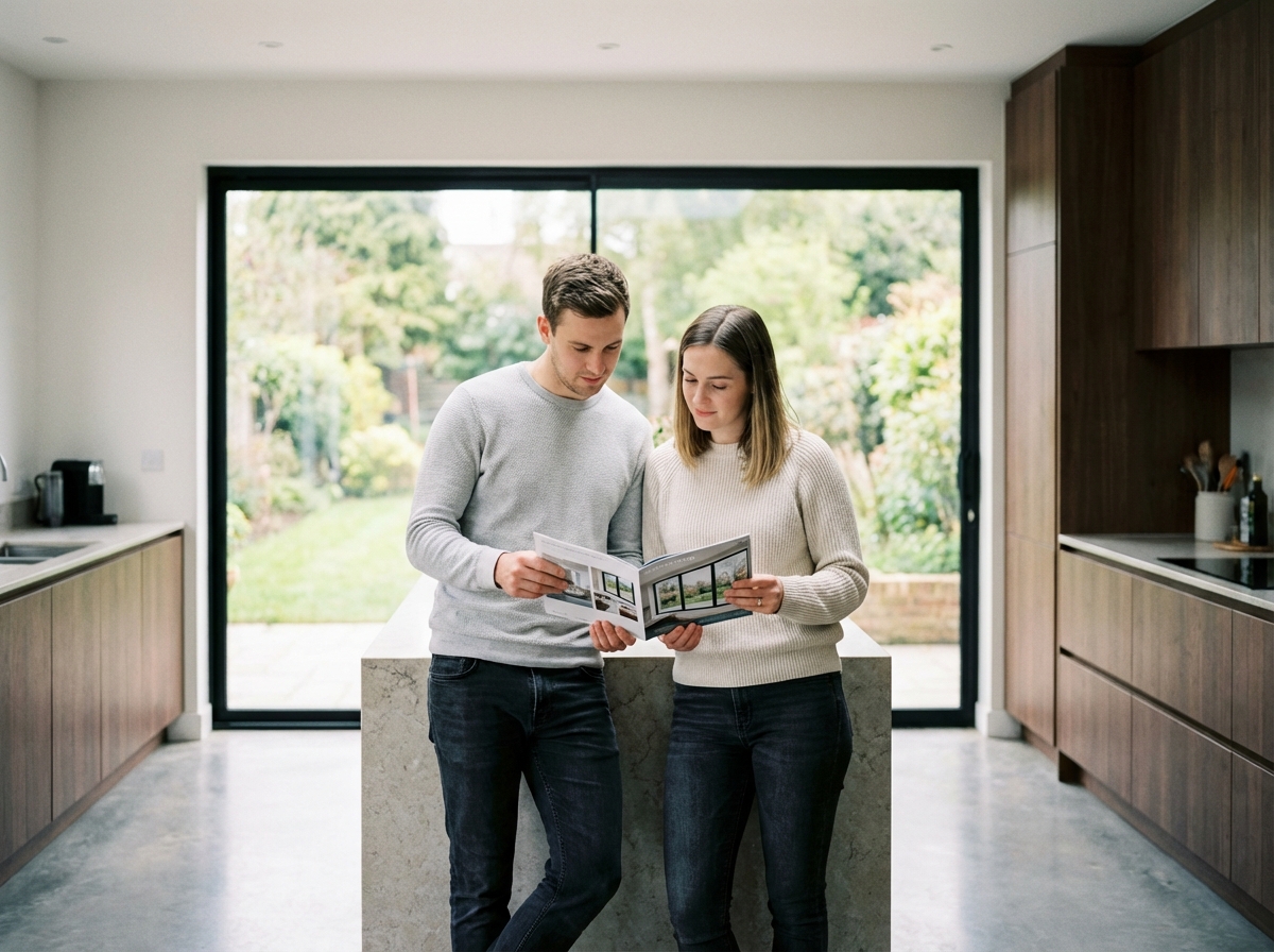 Jeune couple regardant une brochure de fenêtres dans la cuisine