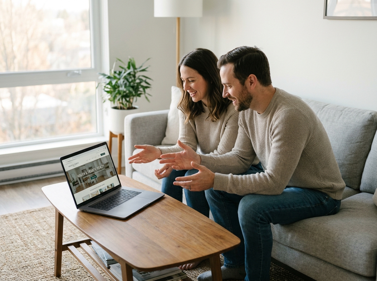 Couple utilisant un service de courtage immobilier pour préparer son projet d'achat dans son salon