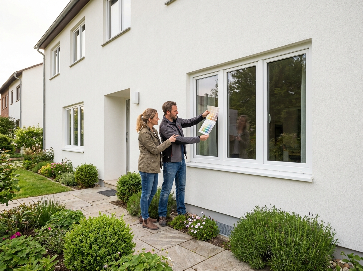 Jeune couple discutant devant leur maison rénovée avec un échantillon de couleur