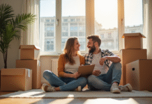 Couple souriant dans leur nouveau salon avec cartons