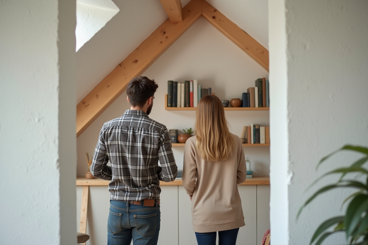 Jeune couple examinant une étagère dans un grenier