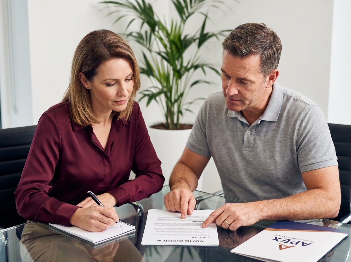 Couple en réunion avec un conseiller étudiant les clauses d'assurance dans un devis de déménagement imprimé