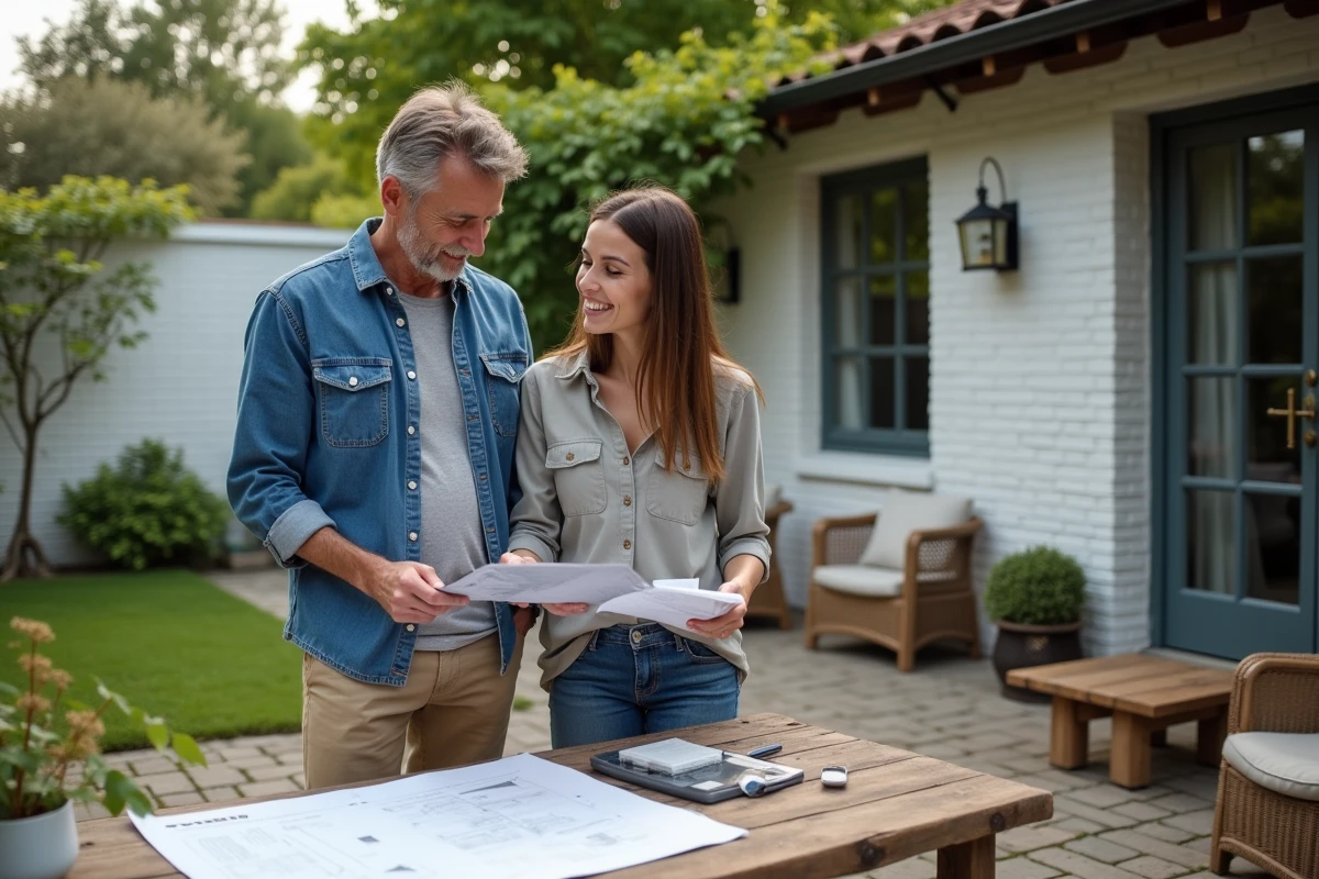 Homme et femme discutant dans un jardin extérieur