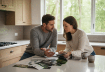 Jeune couple discutant énergie dans cuisine moderne