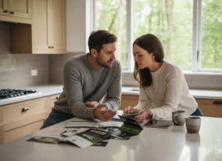 Le choix d’un fournisseur d’énergie dans le cadre d’une construction neuve Jeune couple discutant énergie dans cuisine moderne