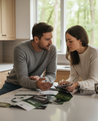 Jeune couple discutant énergie dans cuisine moderne