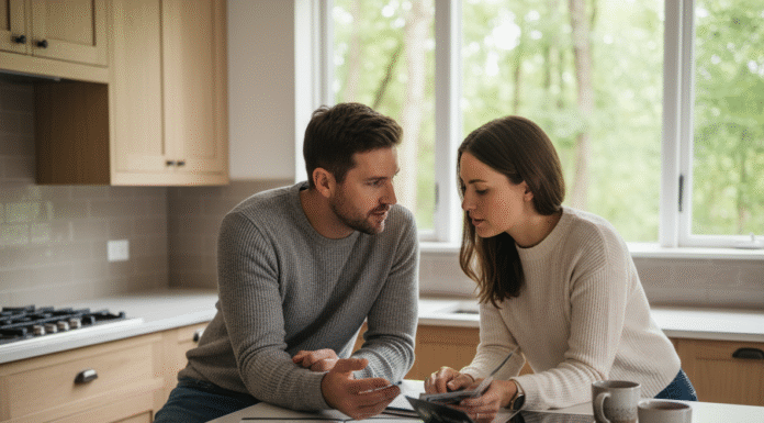 Jeune couple discutant énergie dans cuisine moderne
