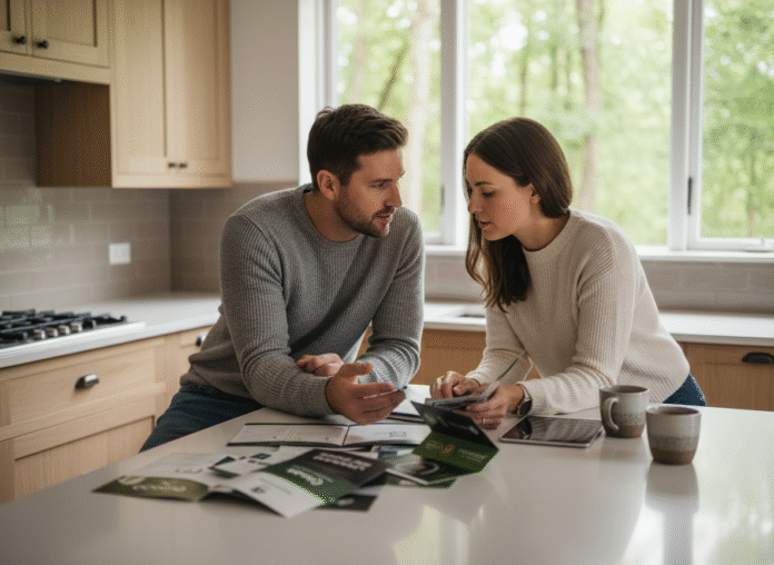 Jeune couple discutant énergie dans cuisine moderne