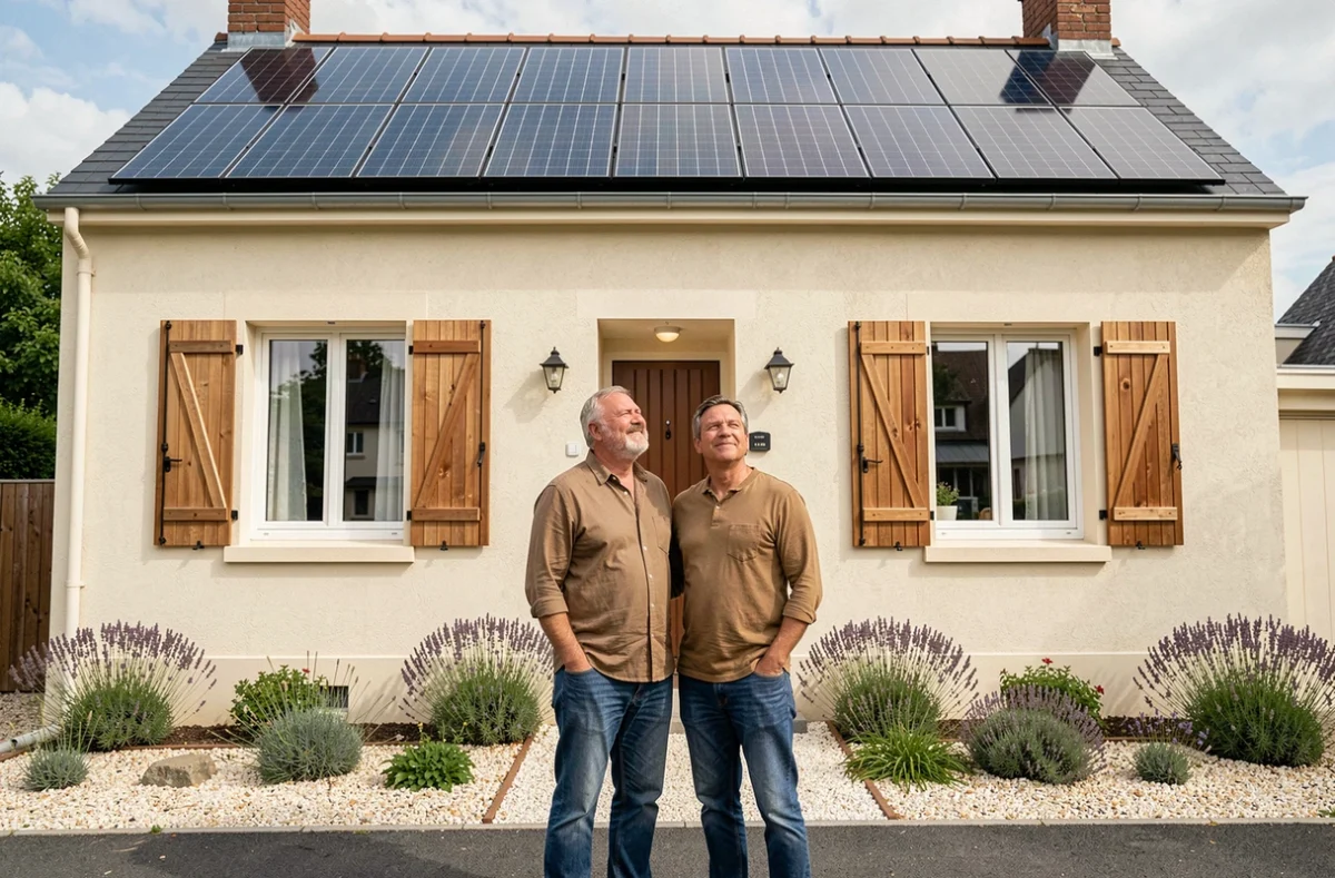 Couple devant leur maison équipée de panneaux solaires photovoltaïques illustrant l'investissement dans l'énergie solaire résidentielle