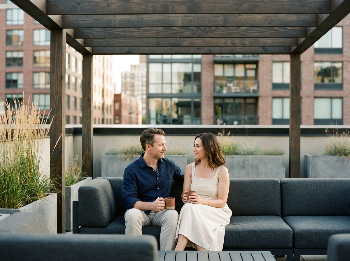 Couple se relaxant sous une pergola en bois moderne sur une terrasse urbaine contemporaine