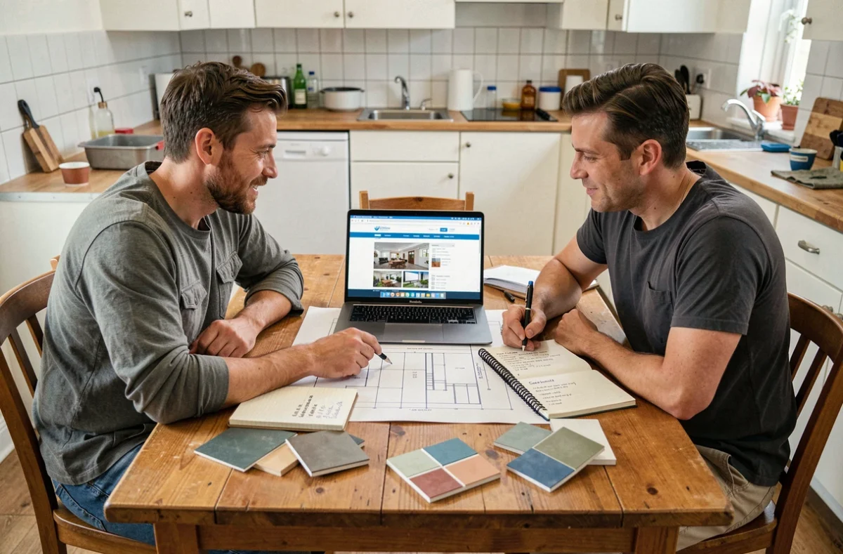Couple planifiant des travaux de rénovation à petit budget autour d'une table avec ordinateur et échantillons de matériaux