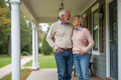 Couple d'âge moyen souriant sur le porche d'une maison américaine