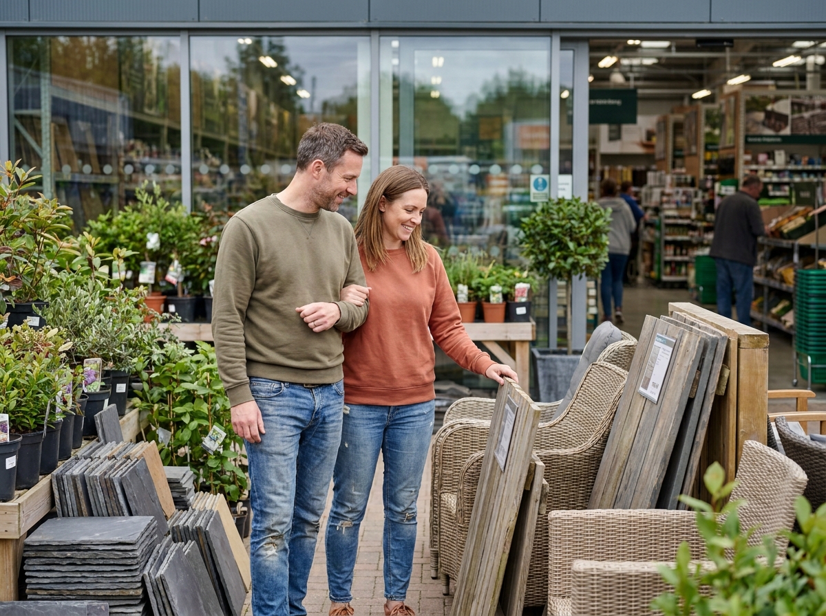 Couple découvrant les nouveaux produits terrasse et extérieur Castorama
