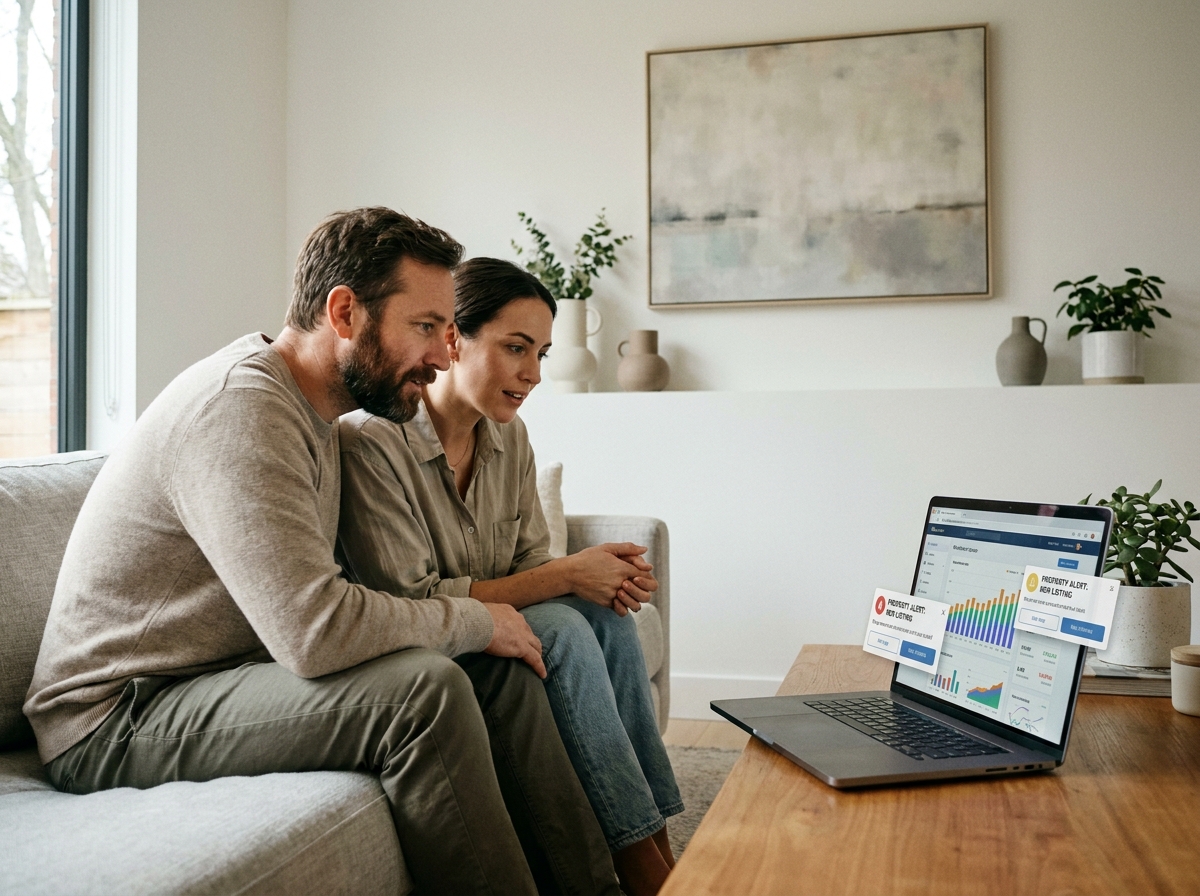 Couple consultant des alertes immobilières sur un ordinateur portable dans leur salon moderne