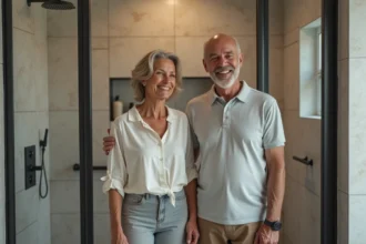 Couple souriant dans une douche moderne avec carrelage neutre