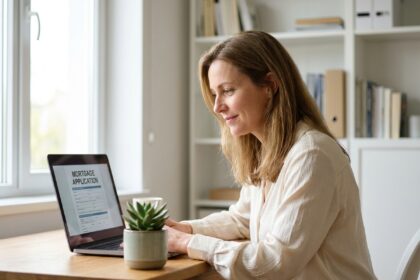 Femme utilisant un courtier en ligne pour gérer son projet immobilier depuis son bureau à domicile