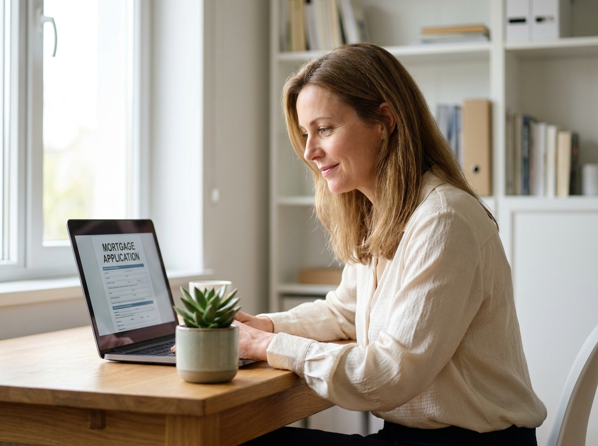 Femme utilisant un courtier en ligne pour gérer son projet immobilier depuis son bureau à domicile