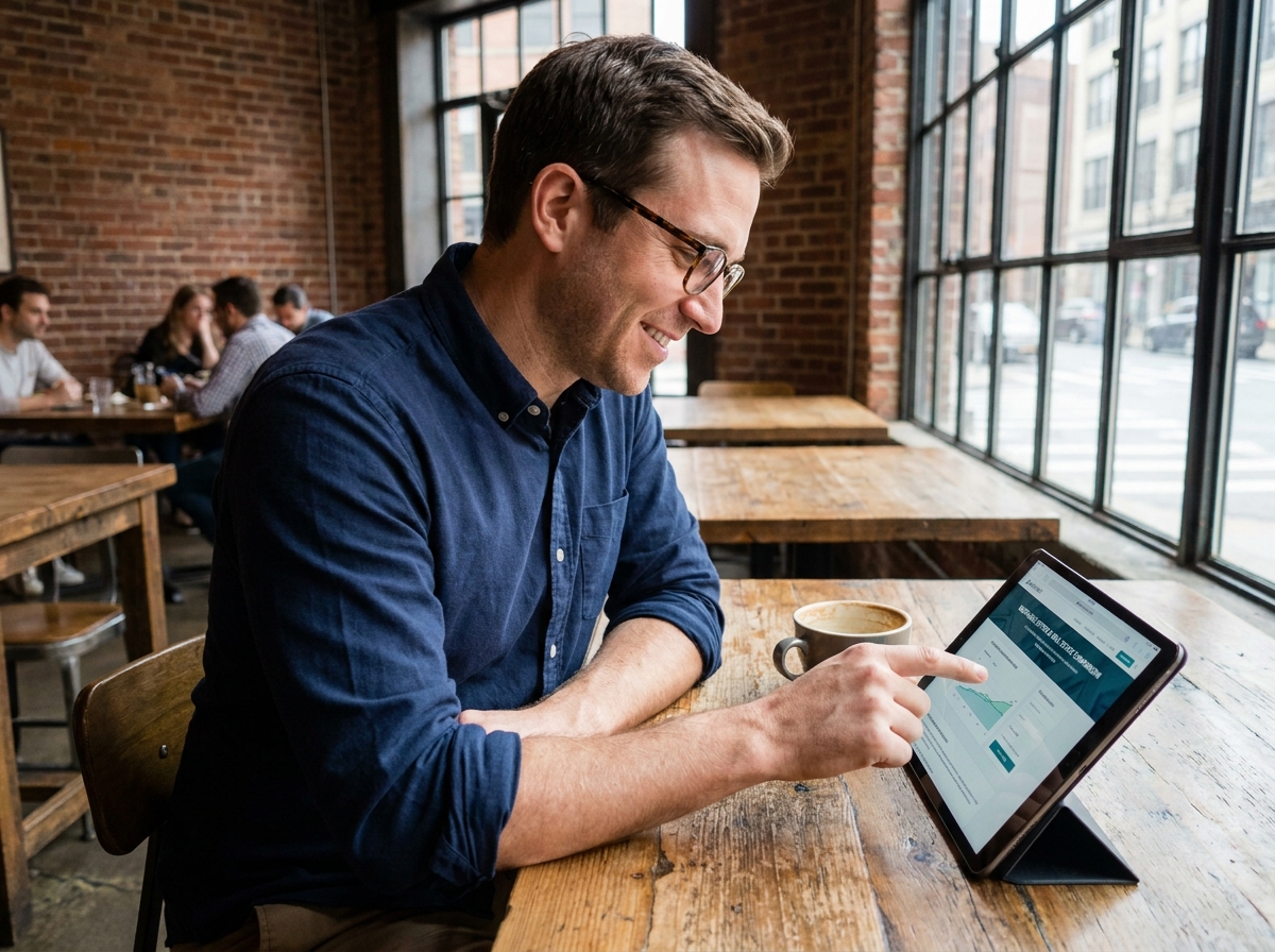 Homme consultant un courtier immobilier depuis un café avec une tablette numérique