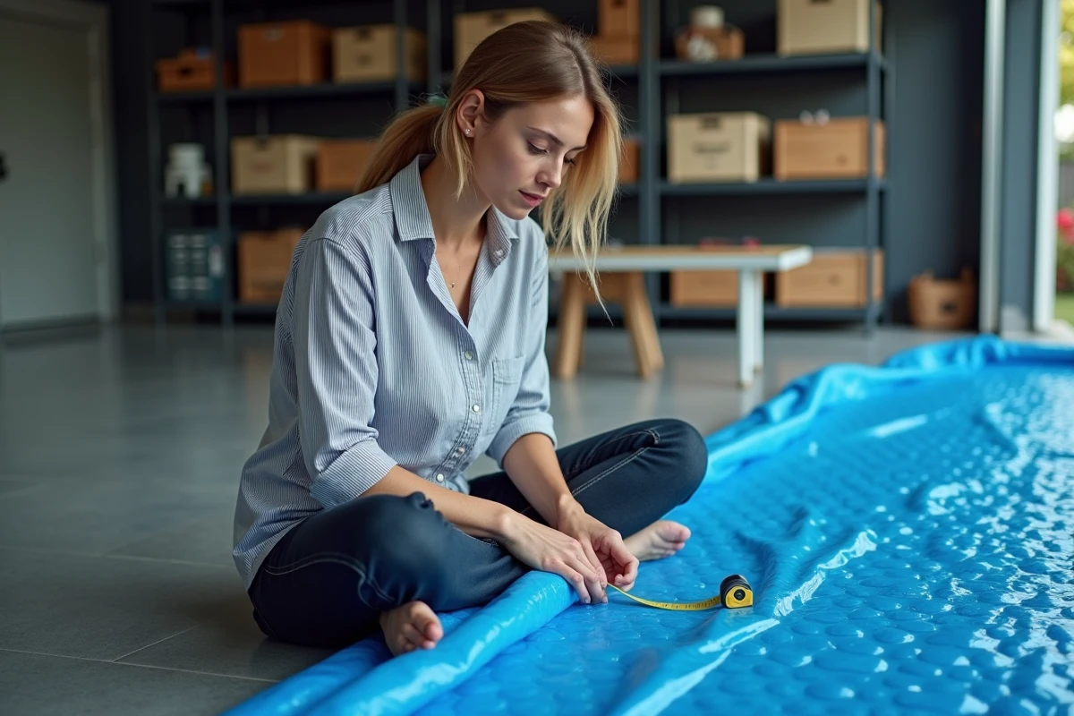 Femme cousant à la main le bord d'une bâche à bulle pour piscine hors sol dans un garage