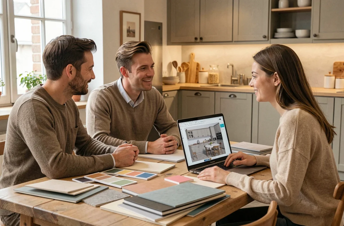 Consultation cuisine chez À Deux avec un couple et un designer autour d'échantillons de matériaux