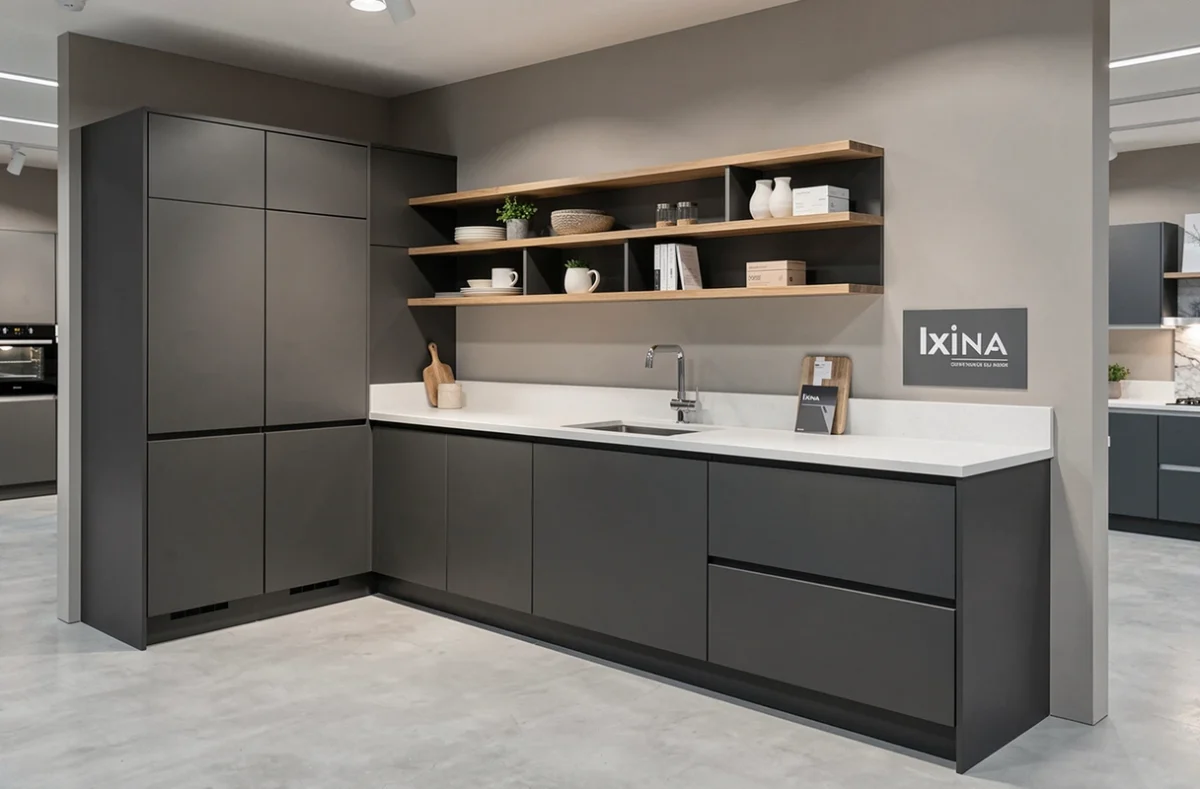 Cuisine Ixina exposée avec façades anthracite matte et plan de travail Corian blanc