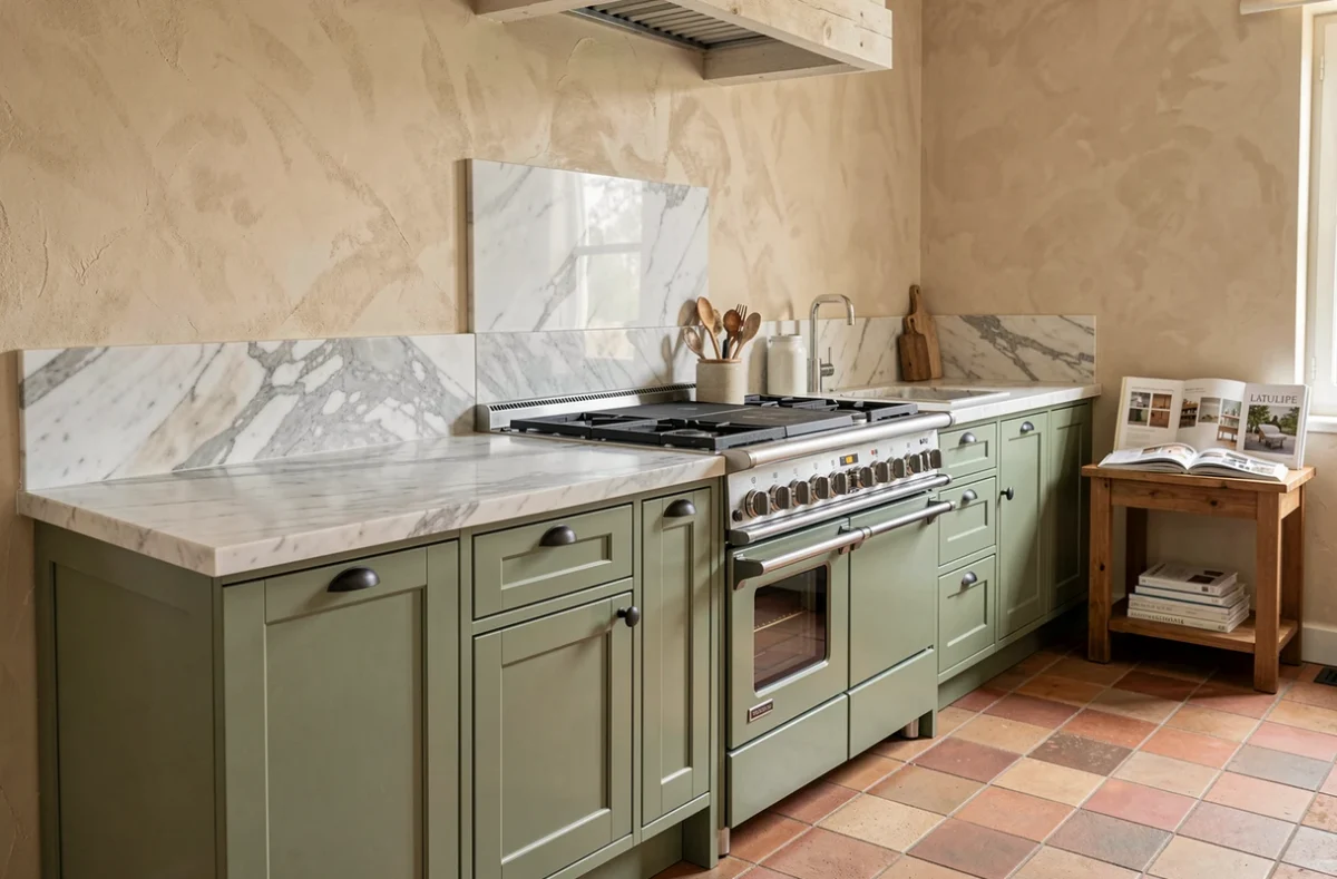 Cuisine sur mesure Latulipe avec cabinetry vert sauge laqué et plan en marbre Carrara