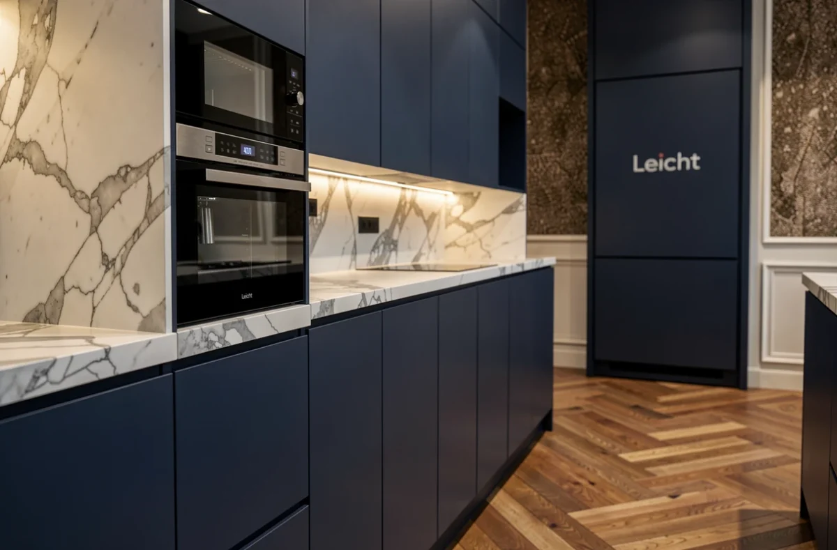 Cuisine haut de gamme Leicht avec façades laquées bleu marine et plan en effet marbre