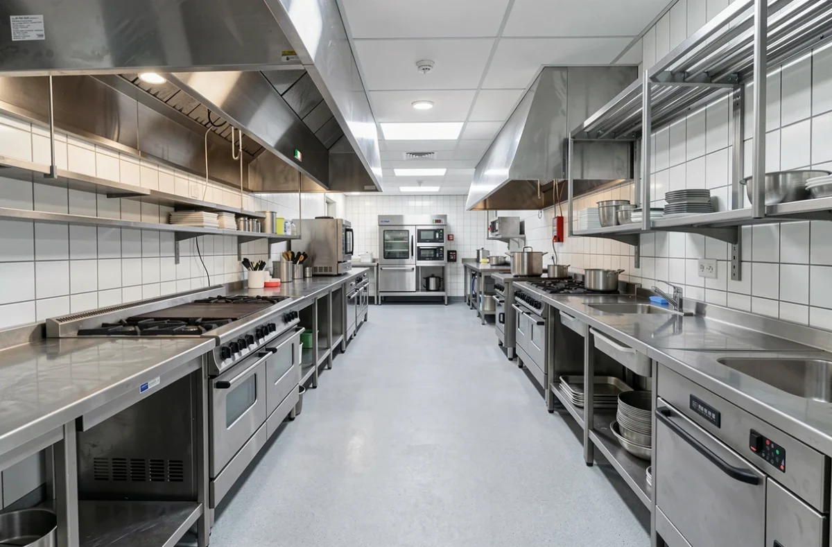 Cuisine professionnelle Nord Collectivité avec équipements en inox dans un établissement public