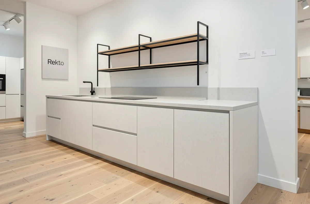 Cuisine Rekto exposée avec cabinetry blanc cassé texturé et étagères en acier noir