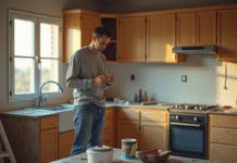 Propriétaire frustré vérifiant sa montre dans une cuisine en rénovation