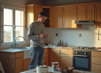 Comment faire face à un artisan qui ne respecte pas les délais ? Propriétaire frustré vérifiant sa montre dans une cuisine en rénovation
