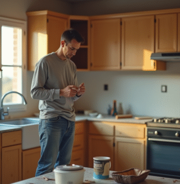 Propriétaire frustré vérifiant sa montre dans une cuisine en rénovation
