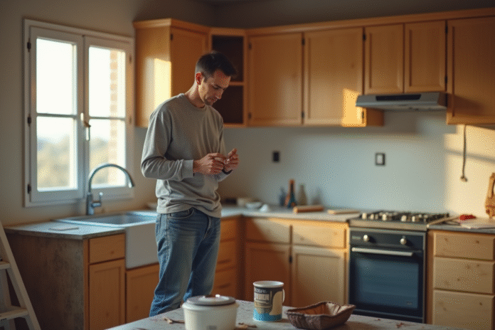 Propriétaire frustré vérifiant sa montre dans une cuisine en rénovation