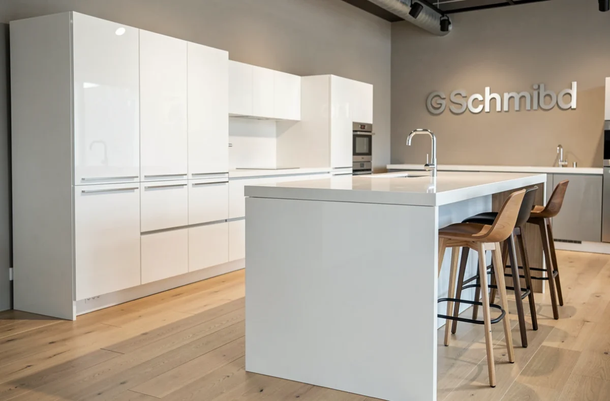 Cuisine Schmidt exposée dans un showroom avec façades blanches et îlot en quartz