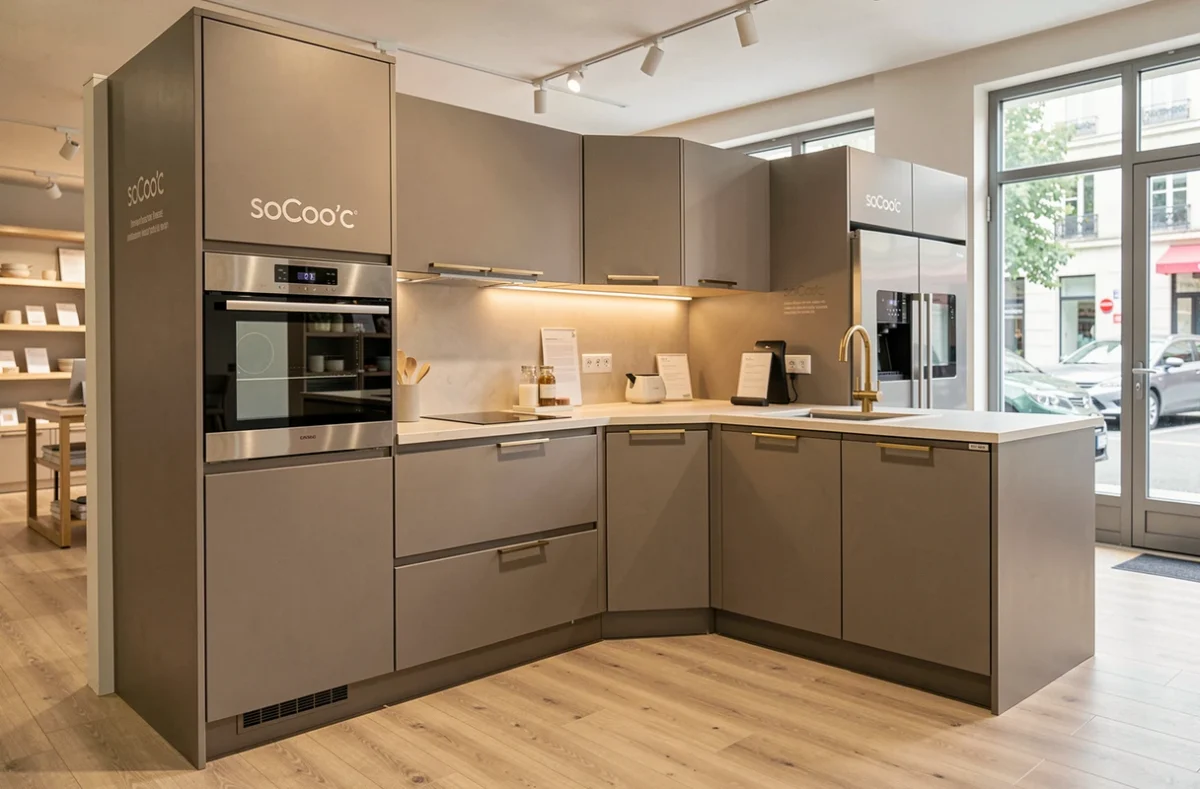 Exposition SoCoo'c avec cuisine modulaire taupe et quincaillerie dorée brossée