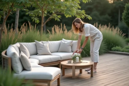 Femme arrangeant coussins sur canapé extérieur moderne
