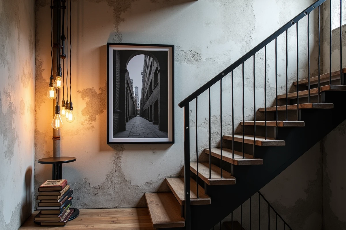 Décoration murale cage escalier industriel avec cadre photo métal noir, câbles apparents et ampoules Edison dans une maison à l'esprit loft
