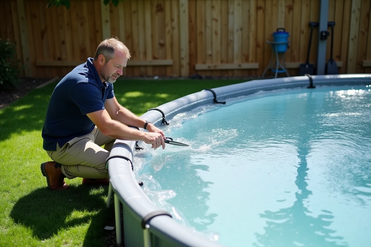 Homme découpant une bâche à bulle sur mesure au bord d'une piscine hors sol ronde dans un jardin