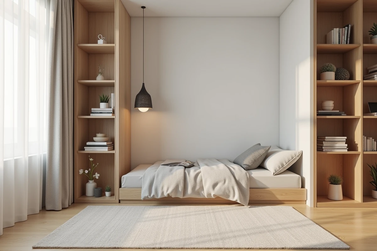 Studio divisé en zones de vie distinctes grâce à une bibliothèque basse, un tapis de salon et un rideau léger séparant le coin nuit du coin salon