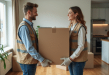 Deux demenageurs professionnels en action dans un appartement moderne