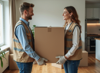 Déménagement : trouver rapidement de l’aide professionnelle et efficace Deux demenageurs professionnels en action dans un appartement moderne