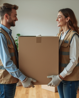 Deux demenageurs professionnels en action dans un appartement moderne