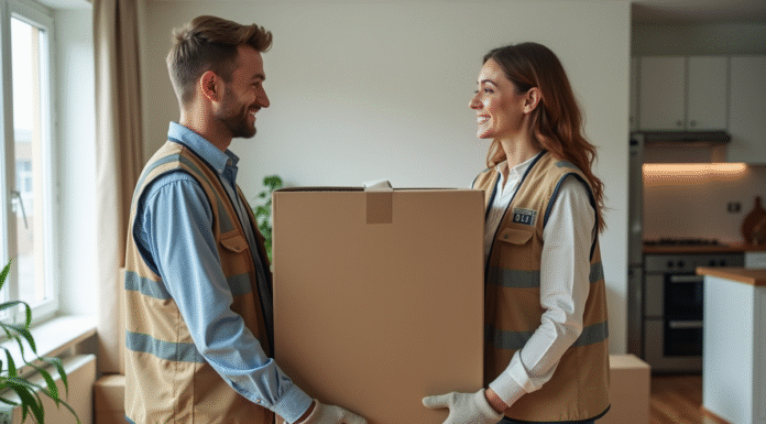 Deux demenageurs professionnels en action dans un appartement moderne