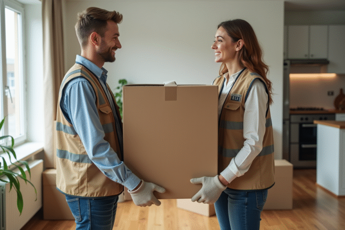 Deux demenageurs professionnels en action dans un appartement moderne