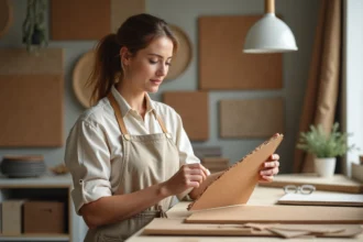 Designer intérieure examinant un échantillon de bois recyclé dans un studio de décoration durable rempli de matériaux naturels