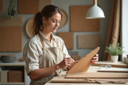 Designer intérieure examinant un échantillon de bois recyclé dans un studio de décoration durable rempli de matériaux naturels