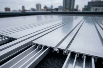 Détail en gros plan d'un caillebotis aluminium sur une terrasse urbaine montrant la précision des lames et les espaces de drainage