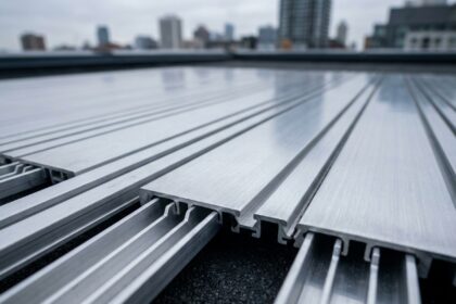 Détail en gros plan d'un caillebotis aluminium sur une terrasse urbaine montrant la précision des lames et les espaces de drainage