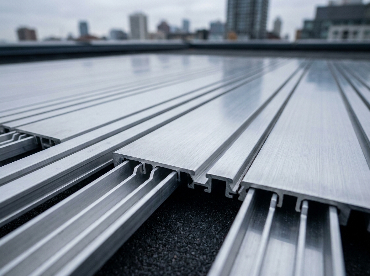 Détail en gros plan d'un caillebotis aluminium sur une terrasse urbaine montrant la précision des lames et les espaces de drainage