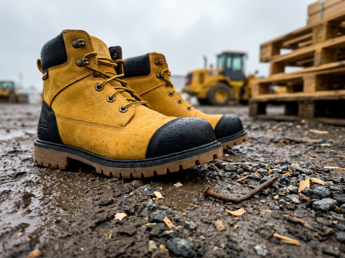 Gros plan sur des chaussures de sécurité neuves posées sur un sol de chantier boueux avec gravier et clous